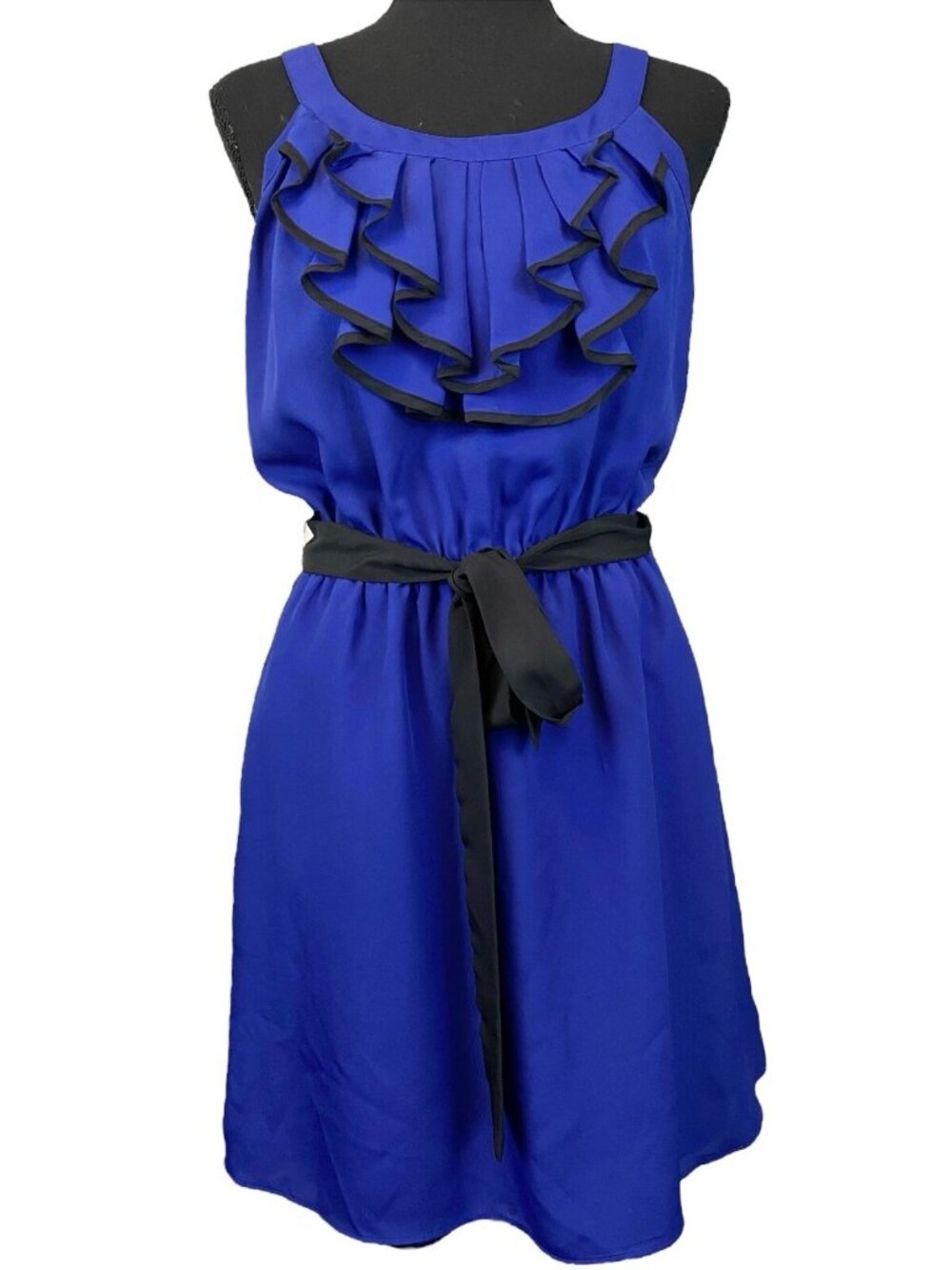 Express Sleeveless Ruffle Mini Dress L Blue Elastic Waist Lined Skirt; Pockets!